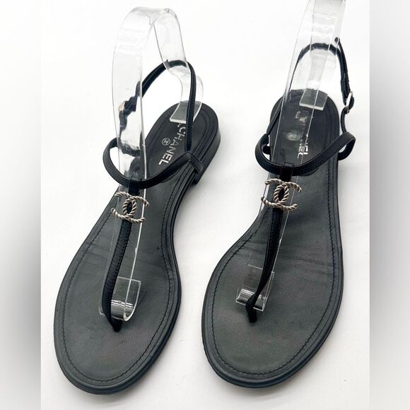 CHANEL CC Silver Logo Black Leather Thong T - Strap Sandals Flats EU 37 US 6-6.5 - Picture 14 of 14